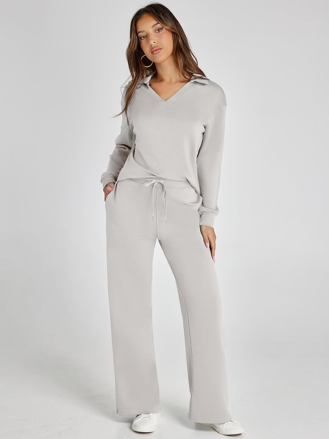 Women's 2 Piece Sets Outfits Casual Long Sleeve Sweatsuits Polo Top and Wide Leg Pants Matching Sets
