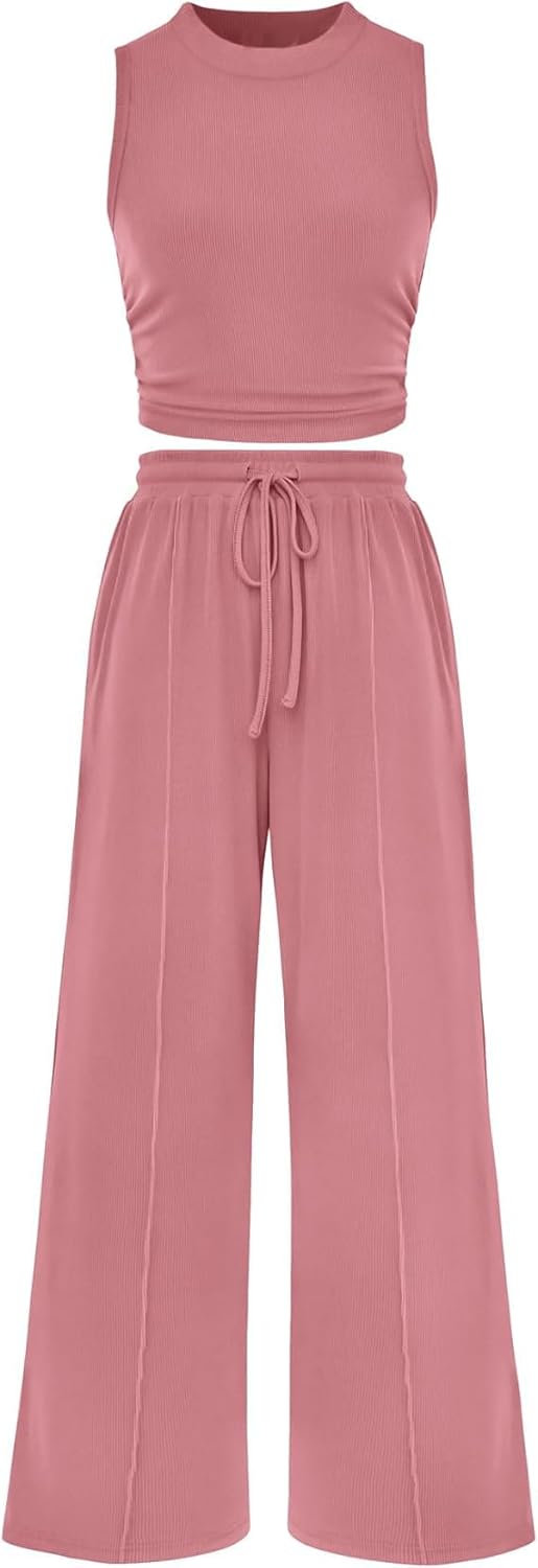 Women Summer 2 Piece Outfits Ribbed Knit Cropped Top Elastic Waist Wide Leg Pants Lounge Set