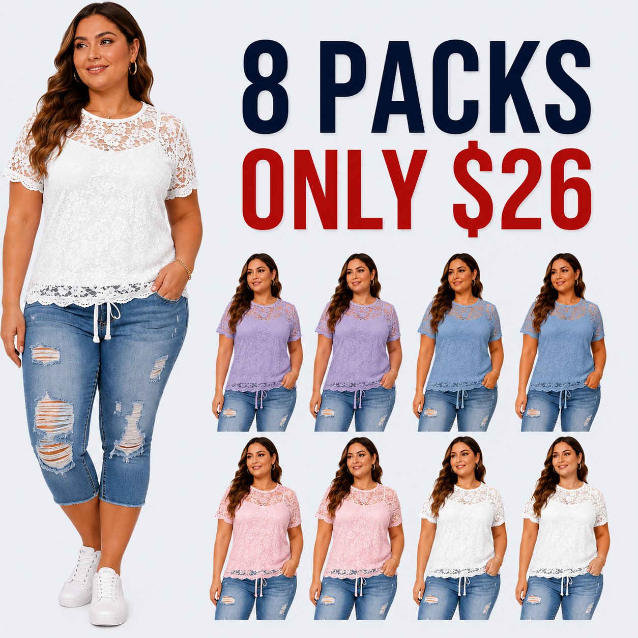 Fashion Distressed Ripped Capri Jeans Plus Size Casual High-Waisted Drawstring Waist Denim Cropped Pants + Lace cutout top