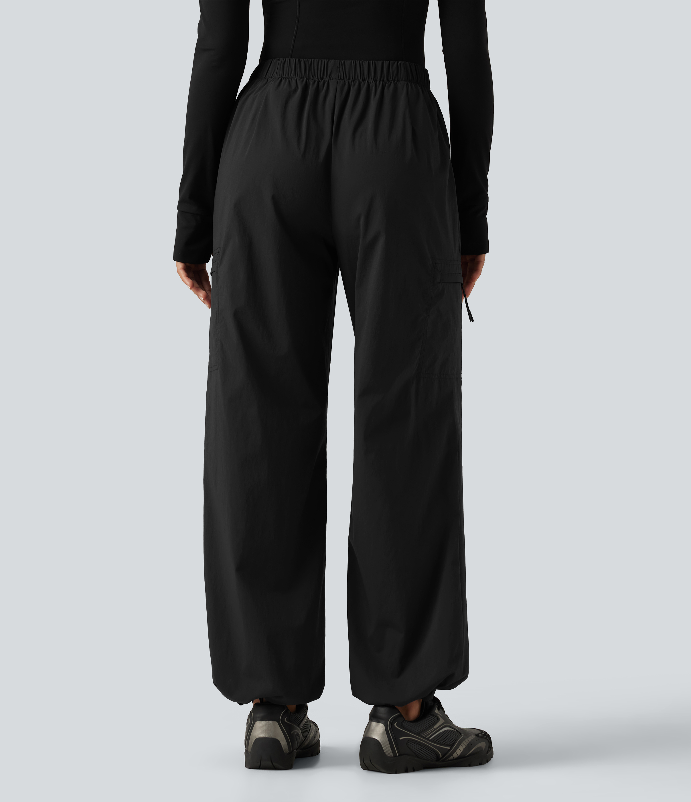 Mid Rise Drawstring Ruched Wide Leg Hiking Pants with Pockets