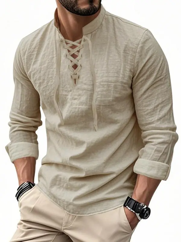 Men's Linen Casual Long Sleeve Polo Shirt
