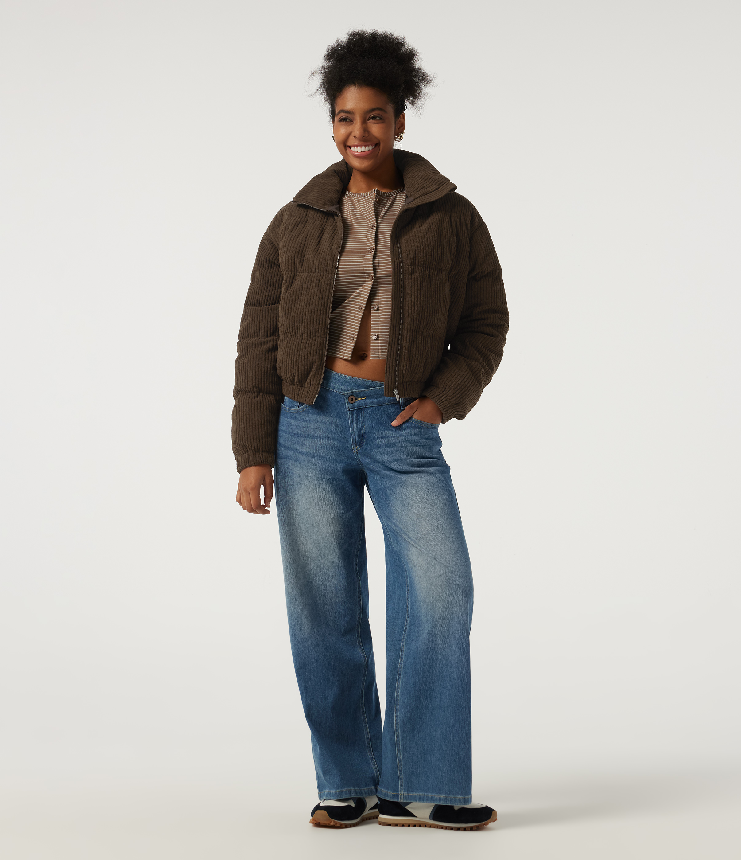 Stand Collar Corduroy Casual Puffer Jacket with Pockets