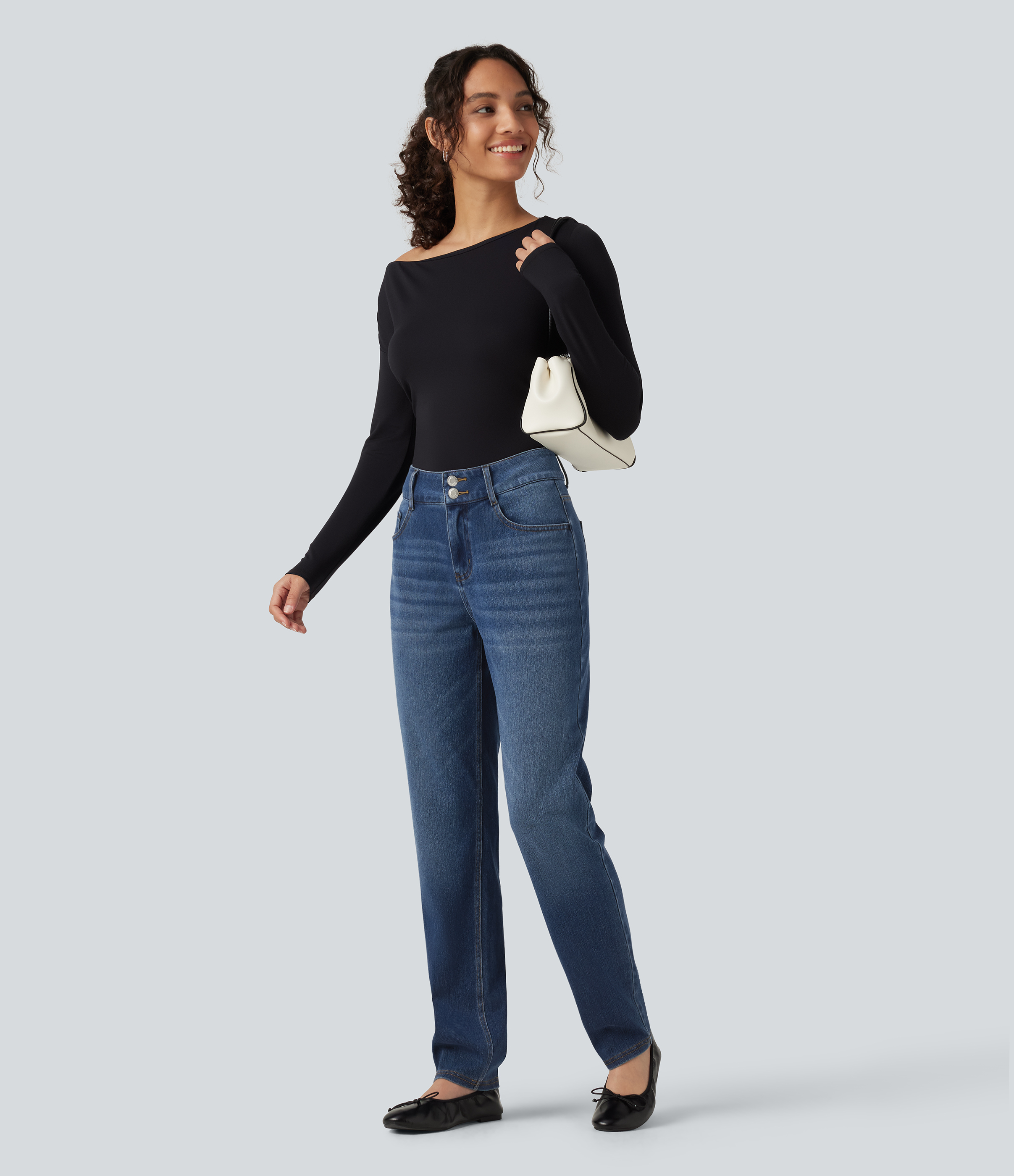 Halara Flex™ Mid Rise Straight Leg Casual Cotton Jeans with Pockets