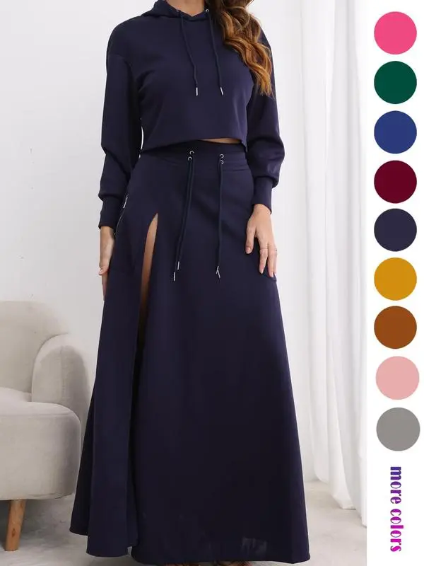 Women's Solid Drawstring Hoodie & Split Thigh Skirt Set, Long Sleeve Top & Pocket Long Skirt, Casual Fashion Cozy Co-ord Set, Women Clothes