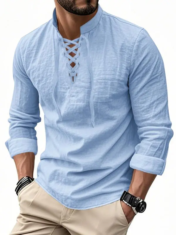 Men's Linen Casual Long Sleeve Polo Shirt