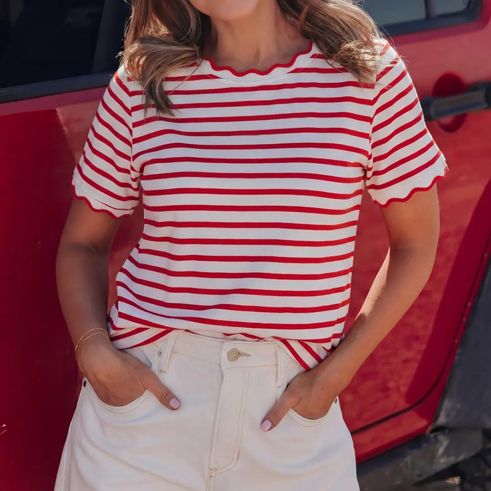 Women's Top Stripe Scalloped Trim Round Neck T Shirt