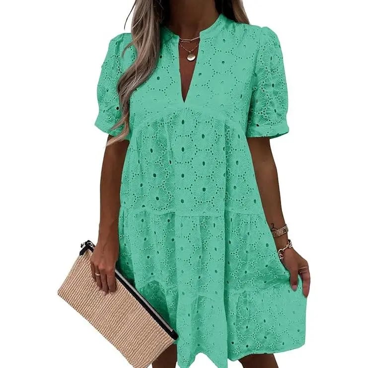 Women’s Summer Lace Dresses Eyelet Casual Flowy Babydoll Swing Short Sleeve V Neck Tunic Dress