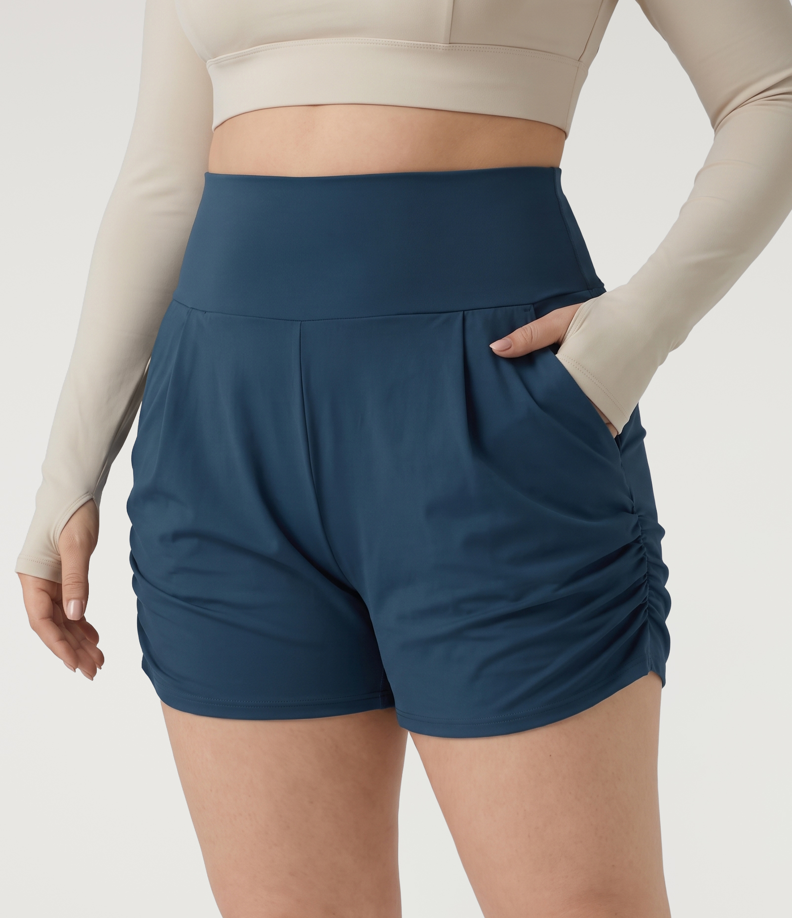 Plus Size SoftlyZero™ Airy High Waisted Ruched InstantCool Yoga Shorts 3'' with Pockets
