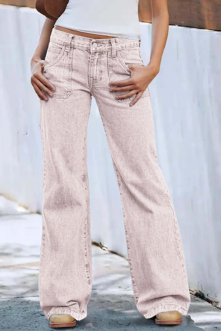 Wash Raw Hem Flap Pocket Wide Leg Low Rise Jeans