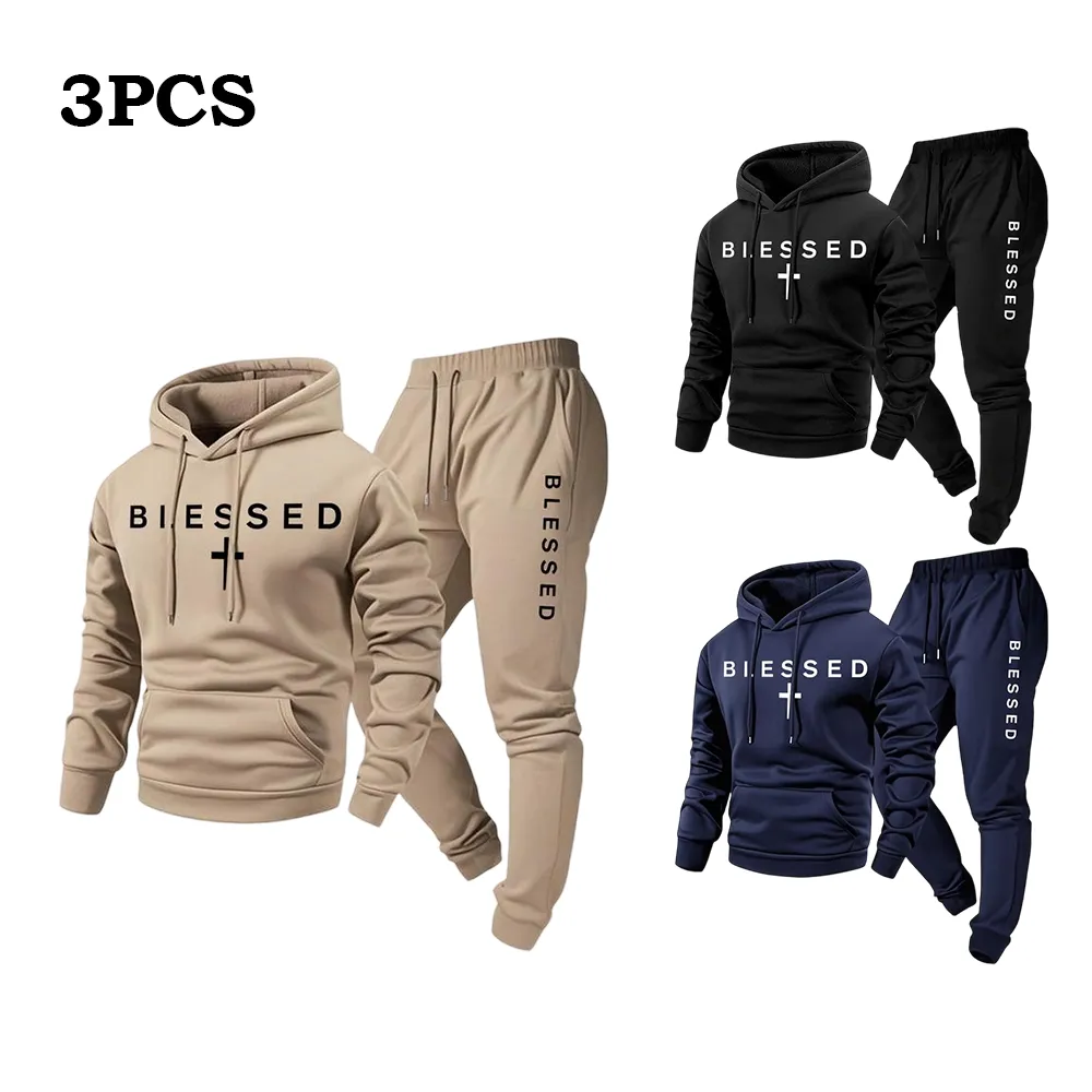 Blessed Cross Letter Print Hoodie & Drawstring Sweatpants Set