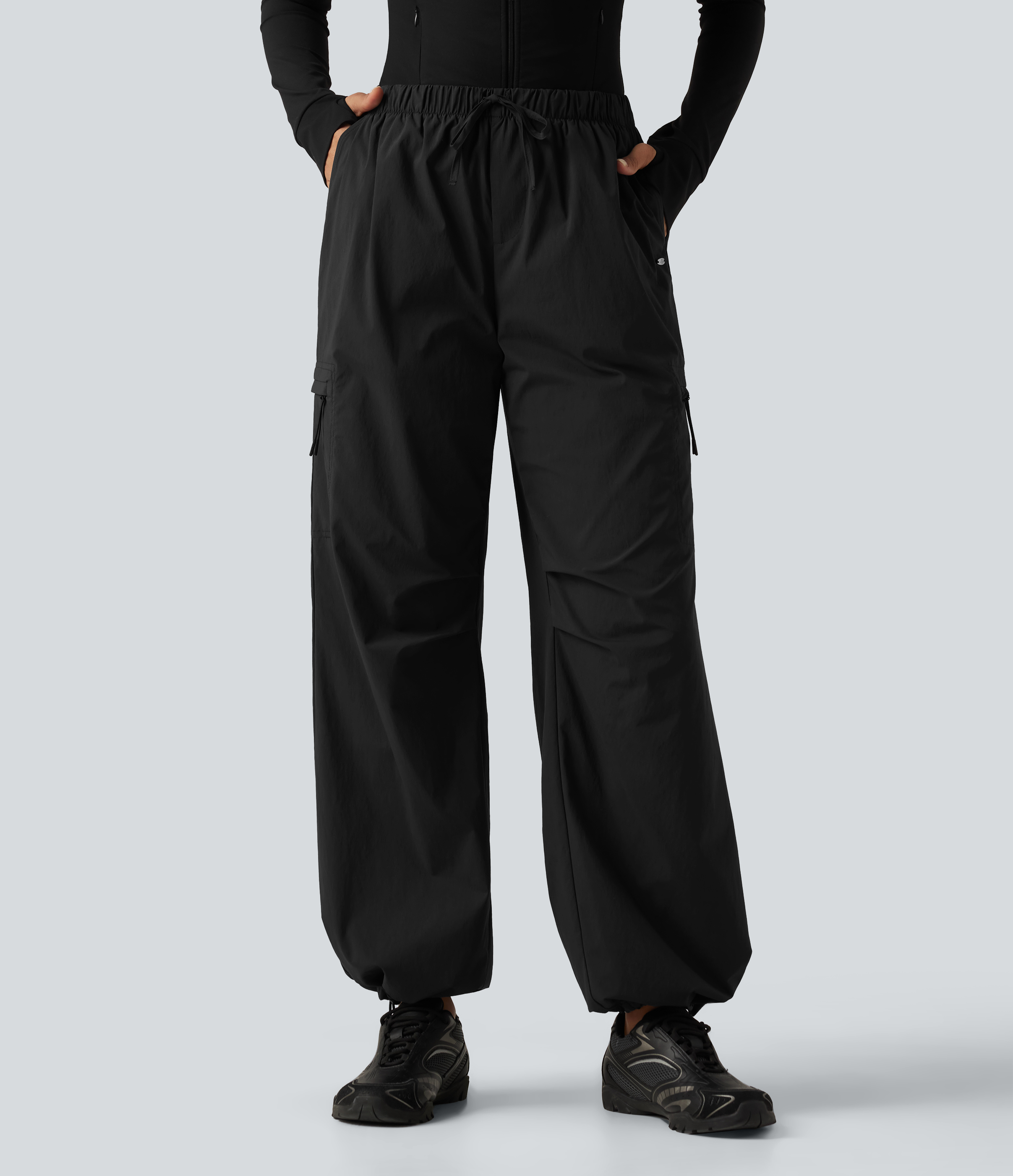 Mid Rise Drawstring Ruched Wide Leg Hiking Pants with Pockets