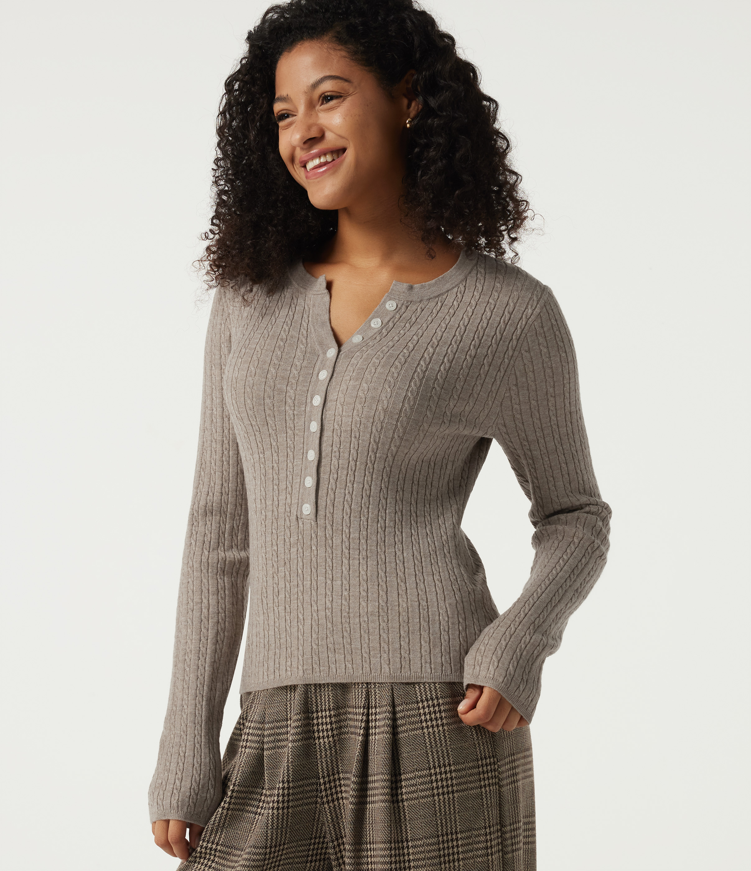 Henley Neck Cable Stitch Long Sleeve Work Sweater