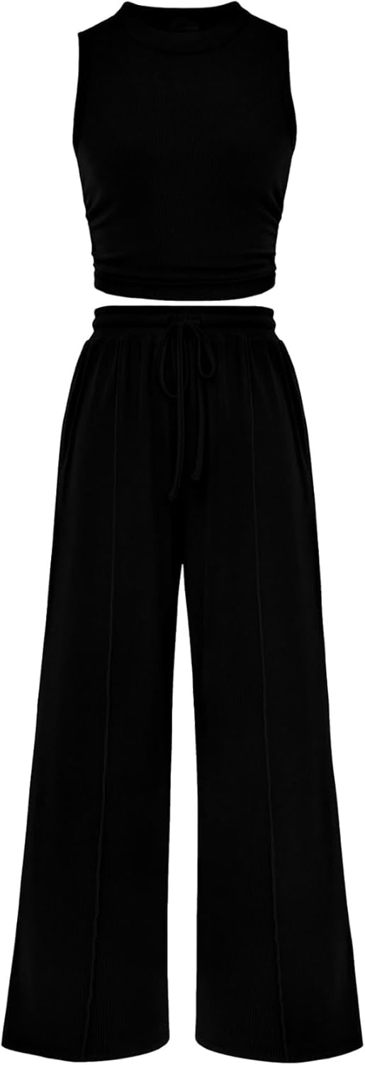 Women Summer 2 Piece Outfits Ribbed Knit Cropped Top Elastic Waist Wide Leg Pants Lounge Set