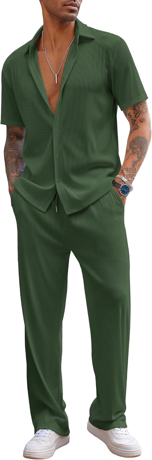 Men's 2 Piece Outfit Casual Short Sleeve Button Down Shirt Beach Summer Loose Pant Sets