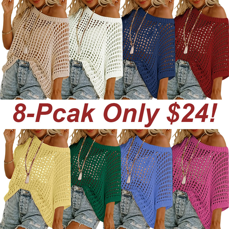 🔥Last day promotion🔥Women's Scoop Neck Crochet Knit Short Sleeve Sweater Top