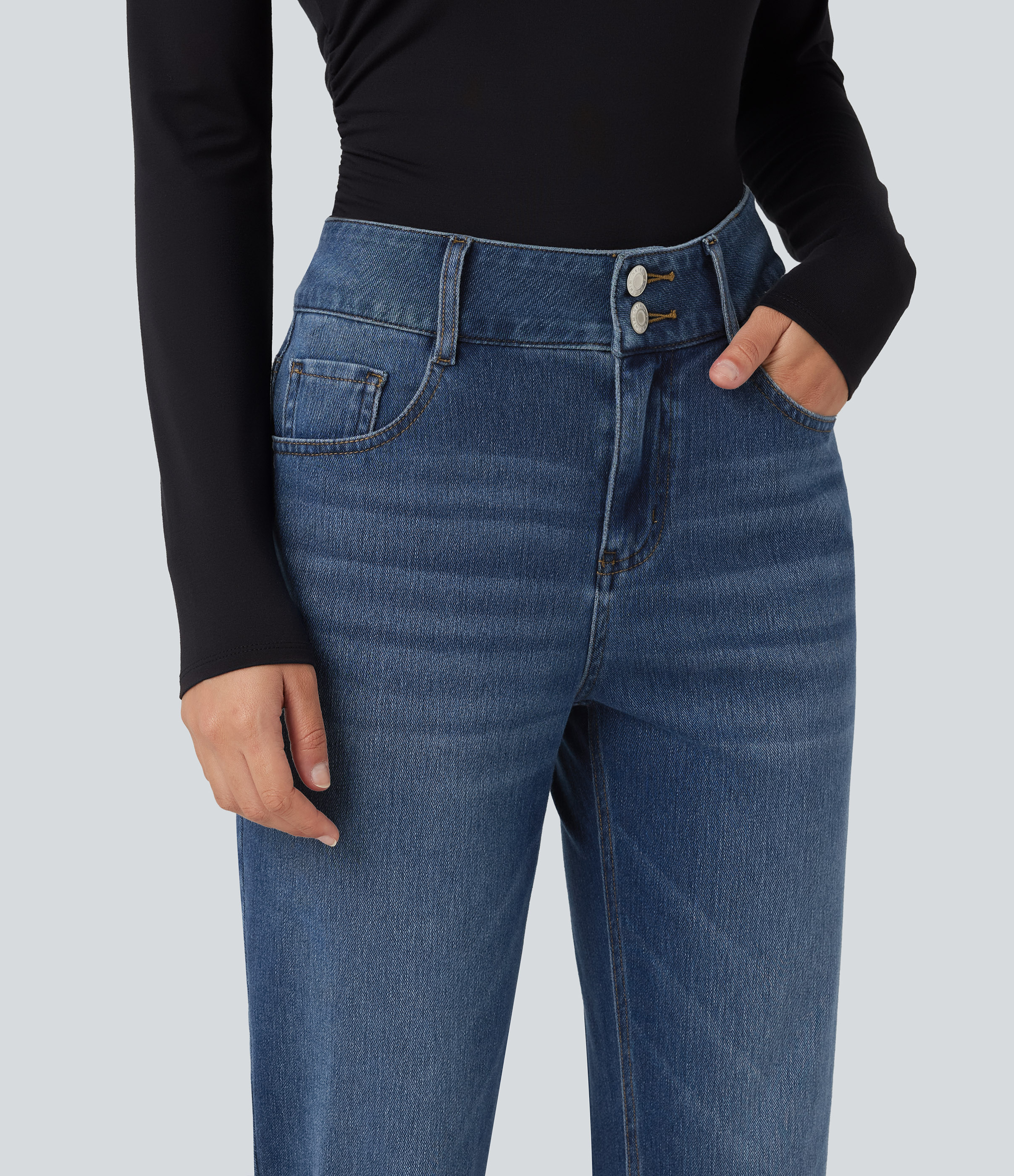 Halara Flex™ Mid Rise Straight Leg Casual Cotton Jeans with Pockets