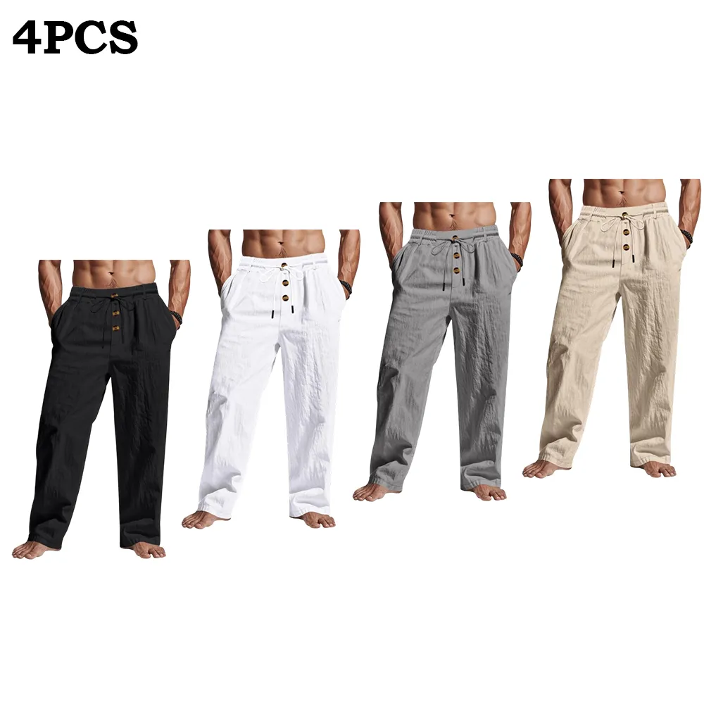 Men's Solid Button Design Linen Pants