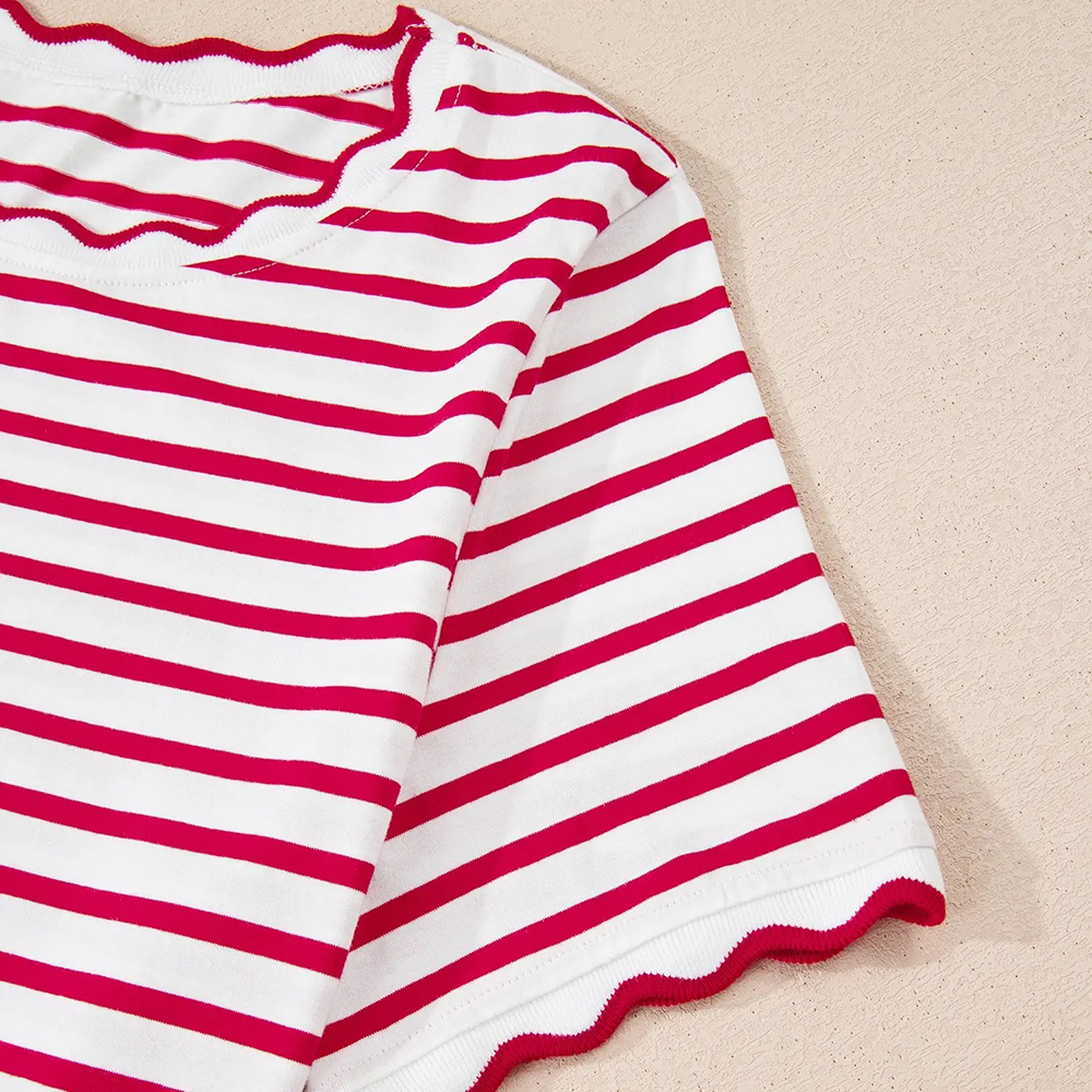 Women's Top Stripe Scalloped Trim Round Neck T Shirt