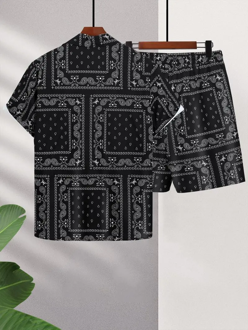 Men's All-Over Print Shirt & Shorts Set Casual Button Collar, Drawstring Waist, Tropical Summer