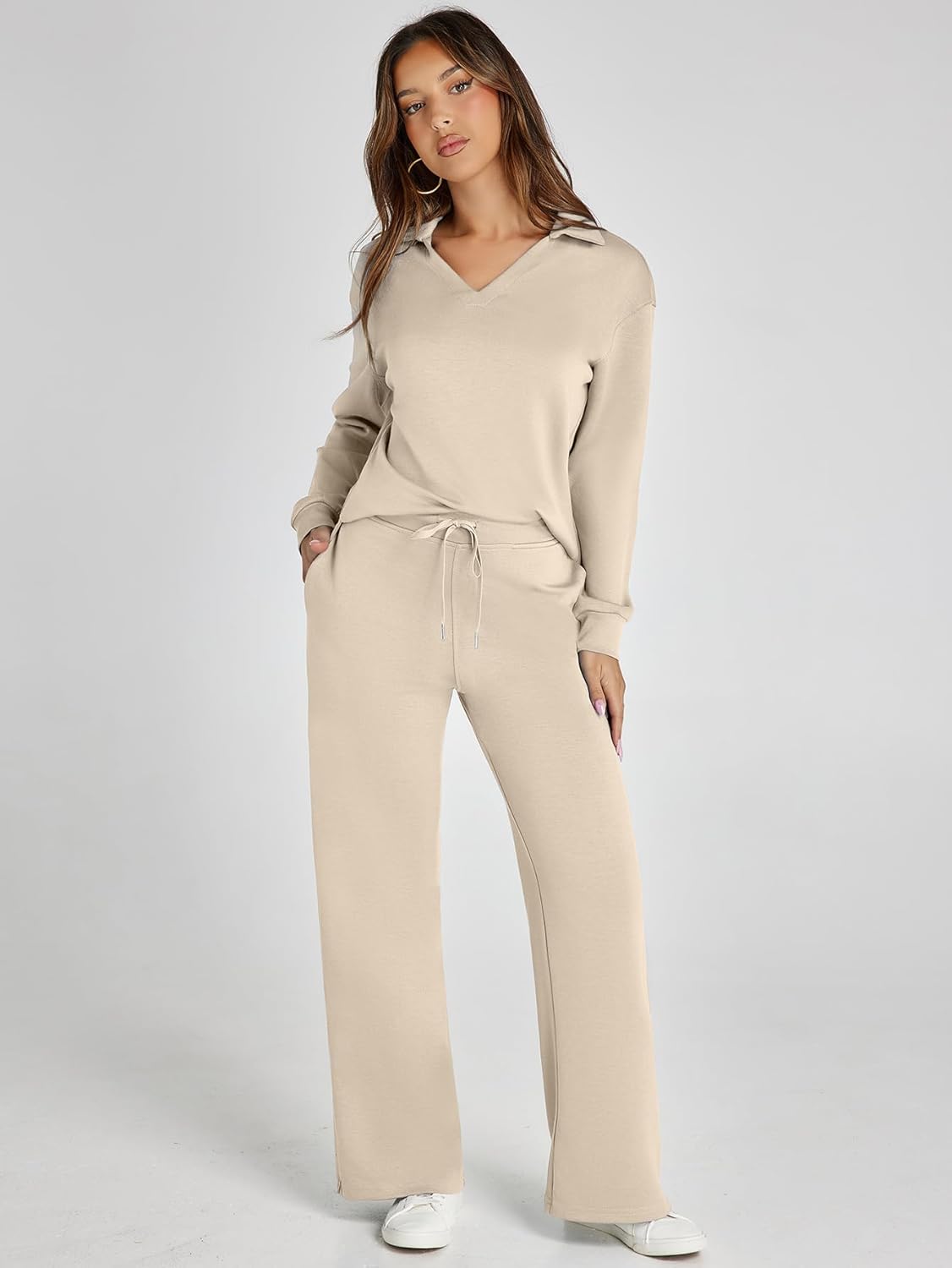 Women's 2 Piece Sets Outfits Casual Long Sleeve Sweatsuits Polo Top and Wide Leg Pants Matching Sets