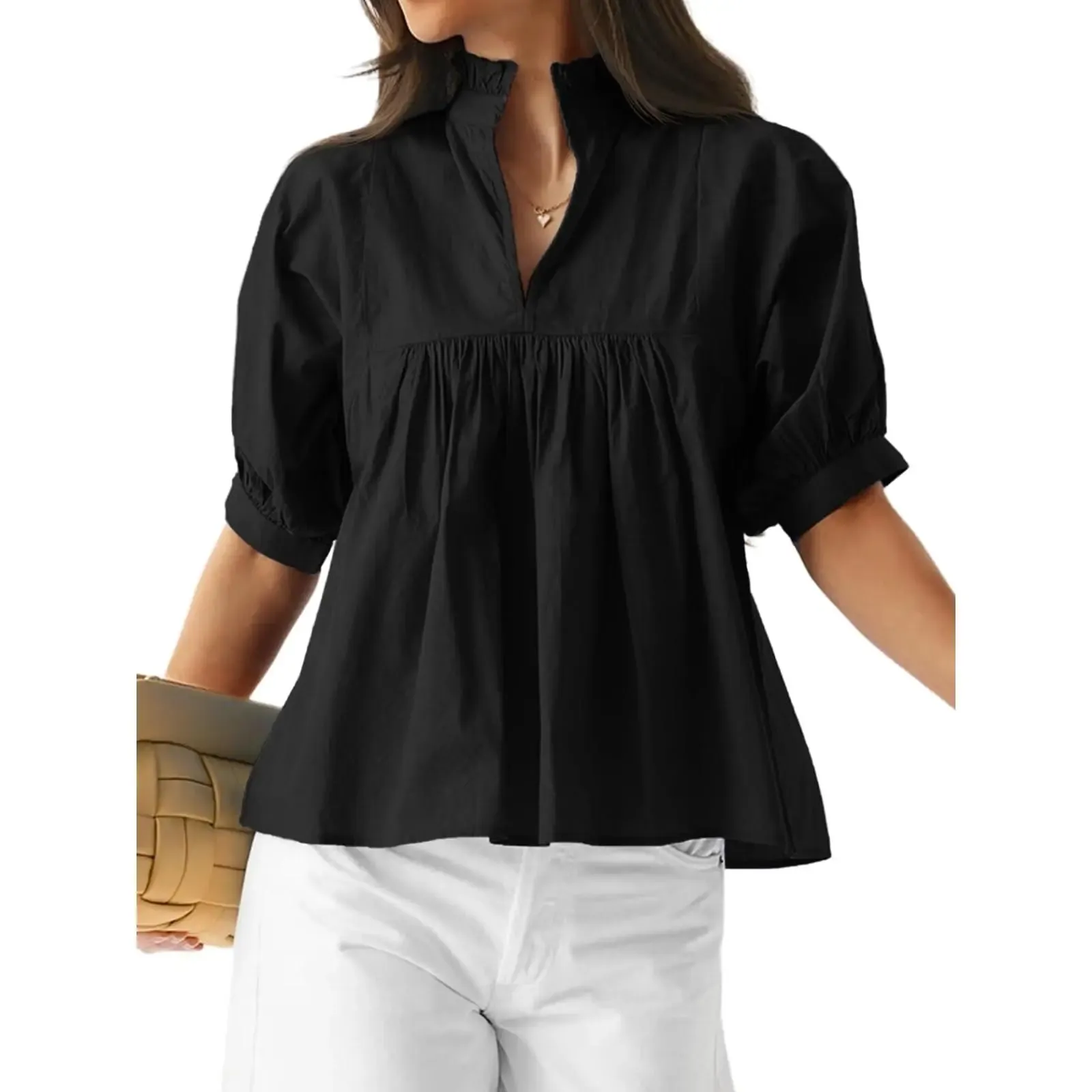 Womens V Neck Puff Sleeve Blouse Babydoll Peplum Tops Dressy Casual Pleated Loose Fit Shirts