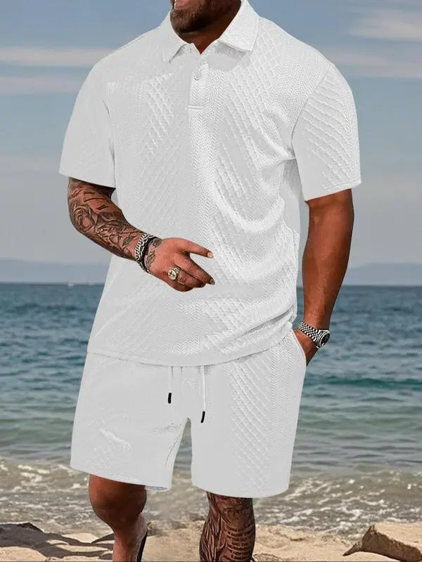 Men's Solid Polo & Drawstring Shorts Set Cozy, Breathable for Daily/Beach, Summer Casual
