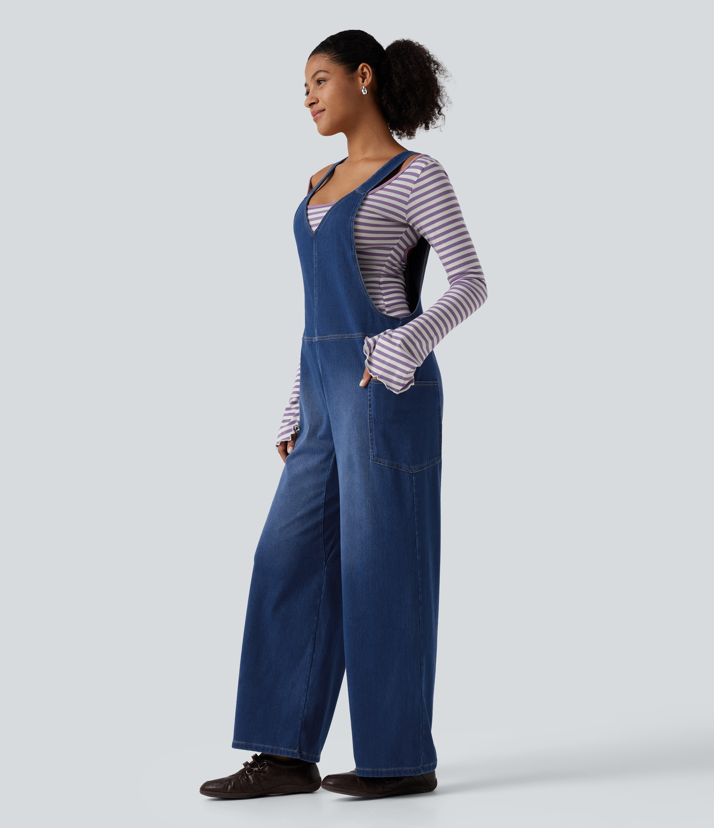 Halara Flex™ V Neck Wide Leg Denim Casual Overalls with Pockets