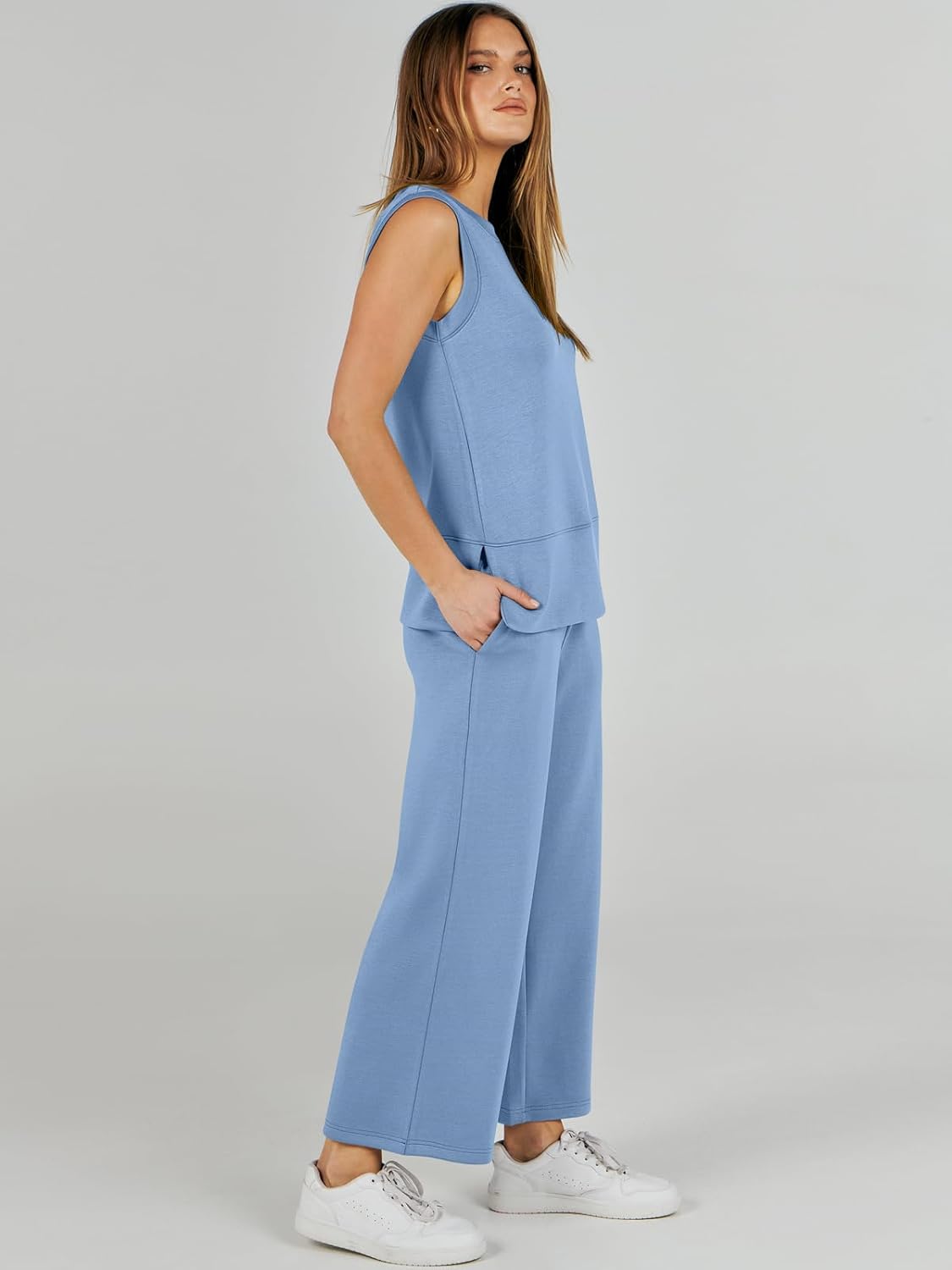 Women's 2 Piece Sets Summer Outfits Sleeveless Wide Leg Tracksuits Casual Sweat Sets Lounge Sweatsuits