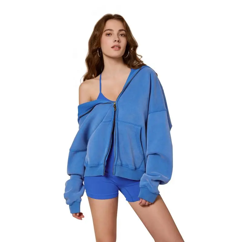 Oversized Acid Wash Hoodies Sweatshirt with Double Zip Up