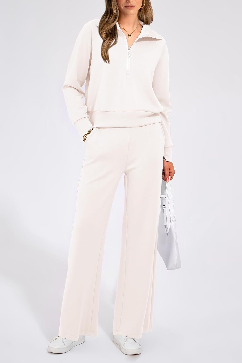 Women's 2 Piece Outfits Casual Lapel Half Zip Sweatshirts And Wide Leg Pants Tracksuit Sets