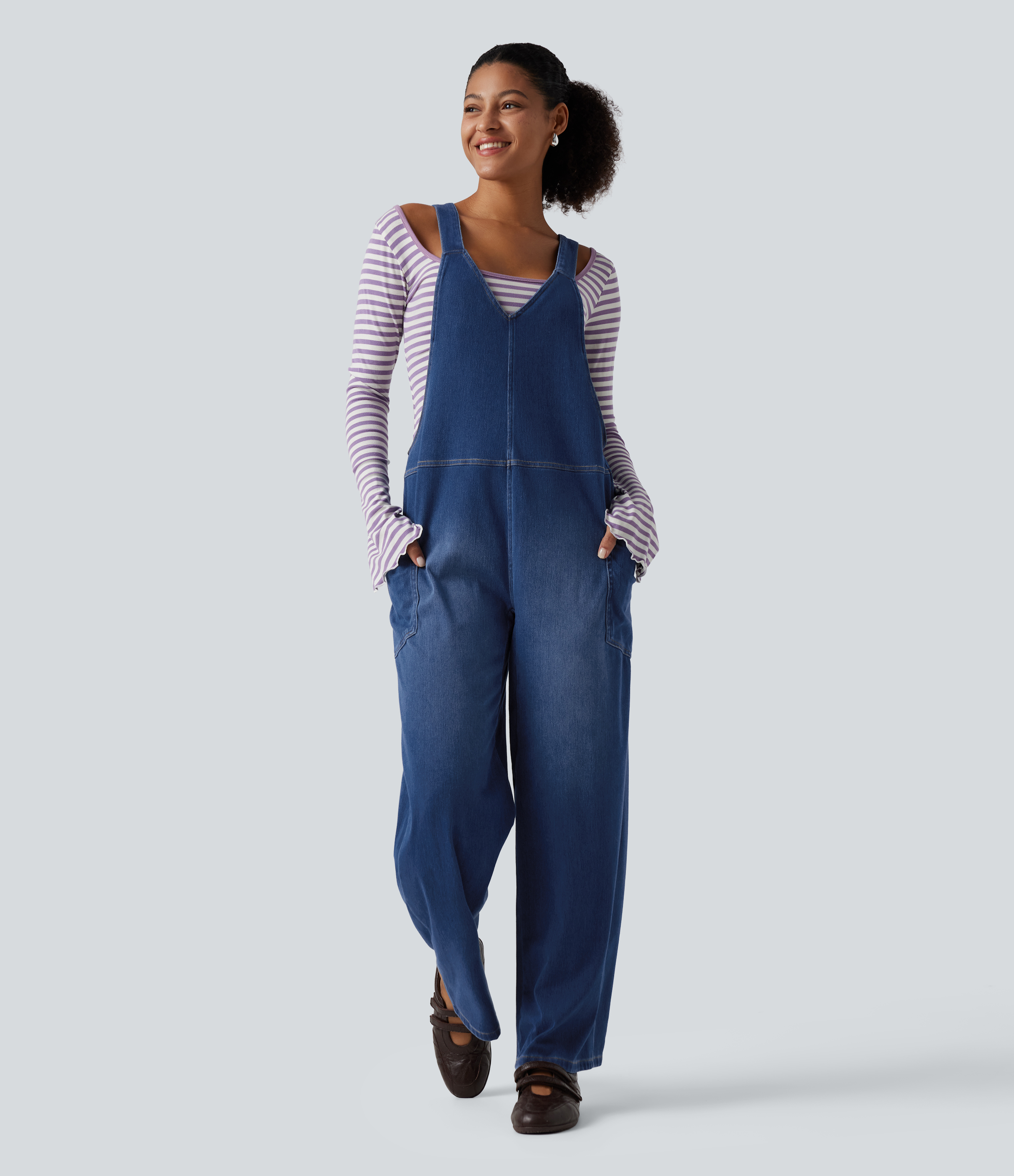 Halara Flex™ V Neck Wide Leg Denim Casual Overalls with Pockets