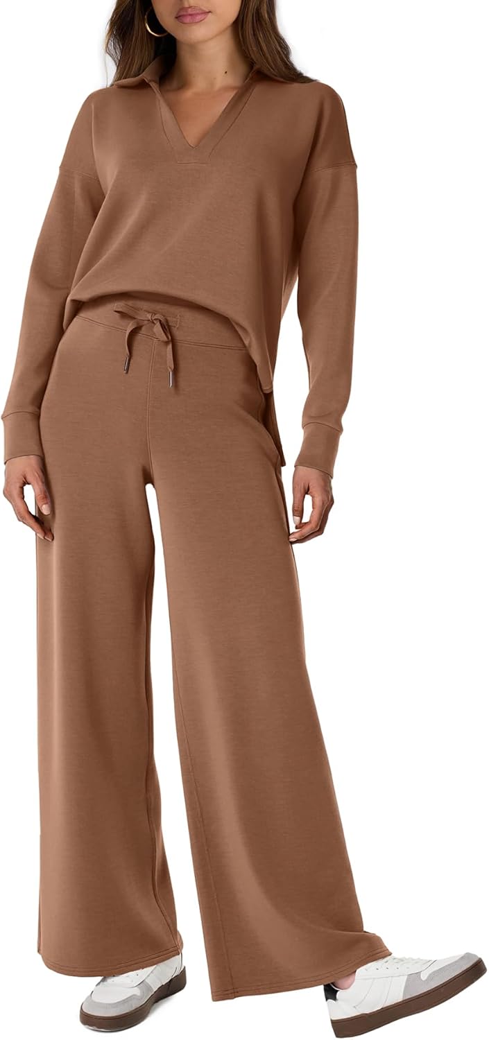 Women's 2 Piece Sets Outfits Casual Long Sleeve Sweatsuits Polo Top and Wide Leg Pants Matching Sets
