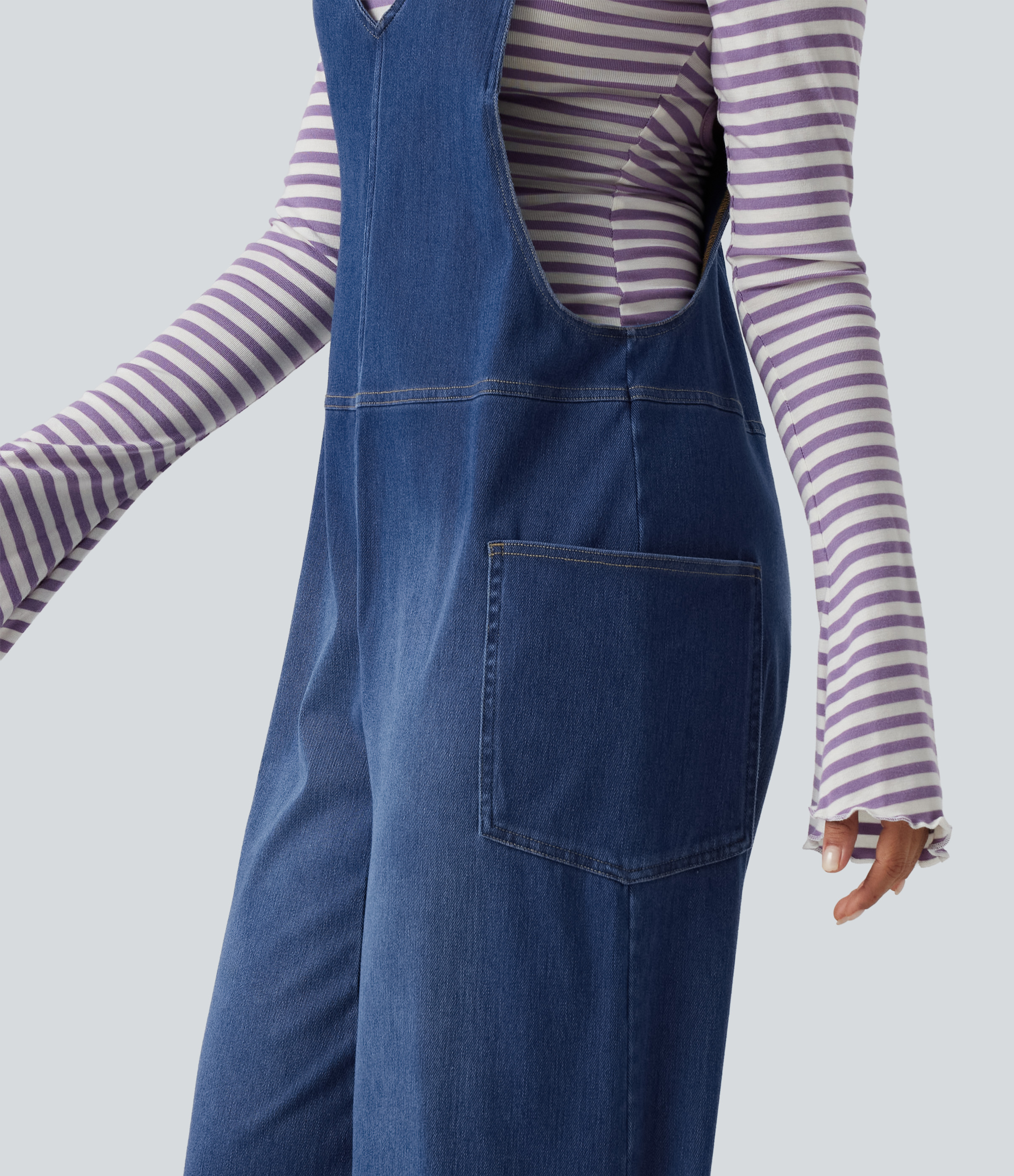 Halara Flex™ V Neck Wide Leg Denim Casual Overalls with Pockets