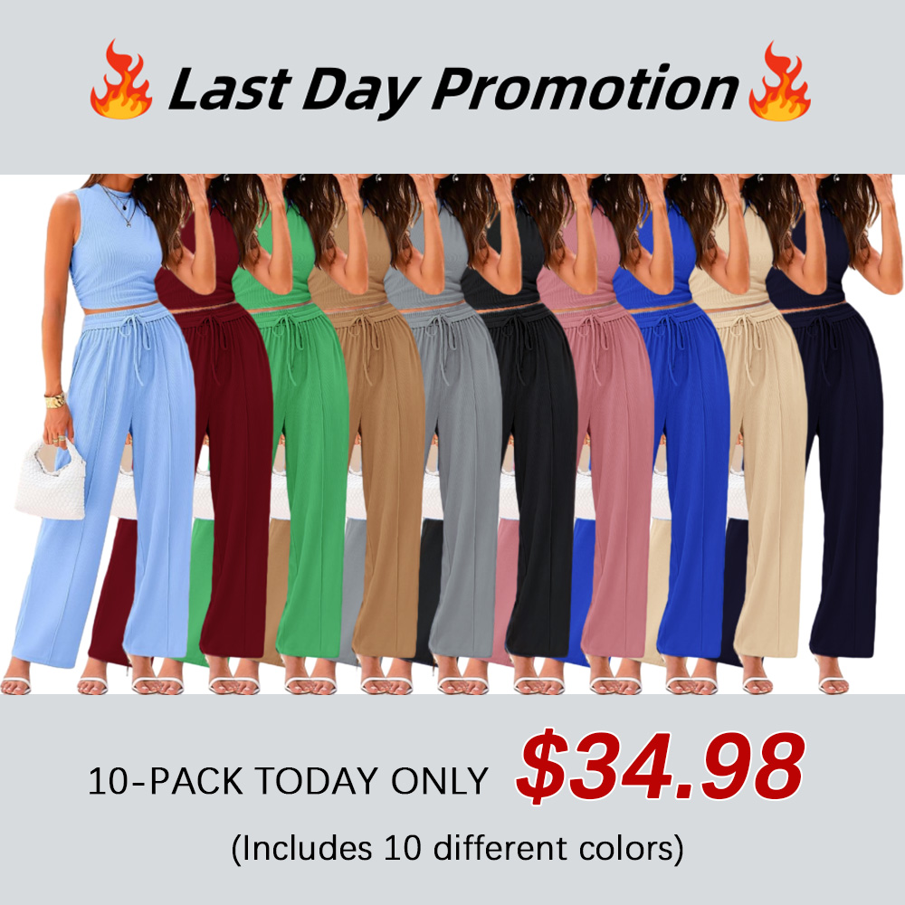 Women Summer 2 Piece Outfits Ribbed Knit Cropped Top Elastic Waist Wide Leg Pants Lounge Set