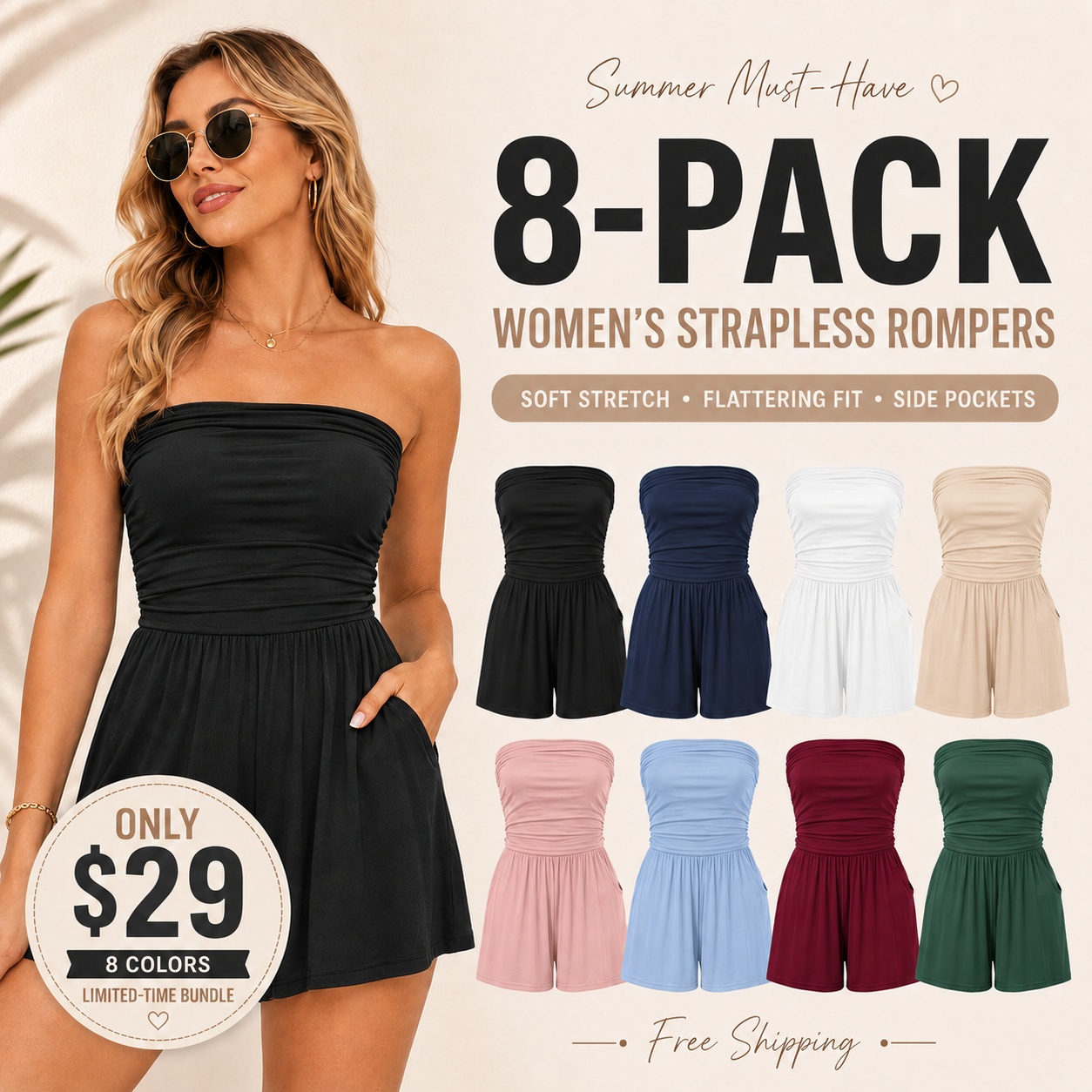 Summer Womens Romper 2026 Spring Strapless Tube Beach Vacation Clothes Ruffle Boho Loose Shorts Jumpsuits Pockets