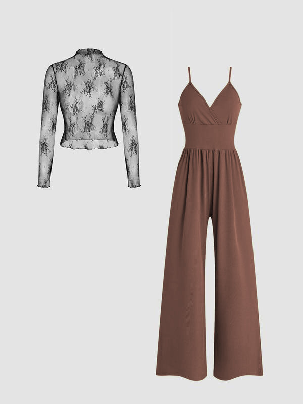 🎉Hot selling items-Women's solid color lace t-shirt and pocket jumpsuit two-piece set