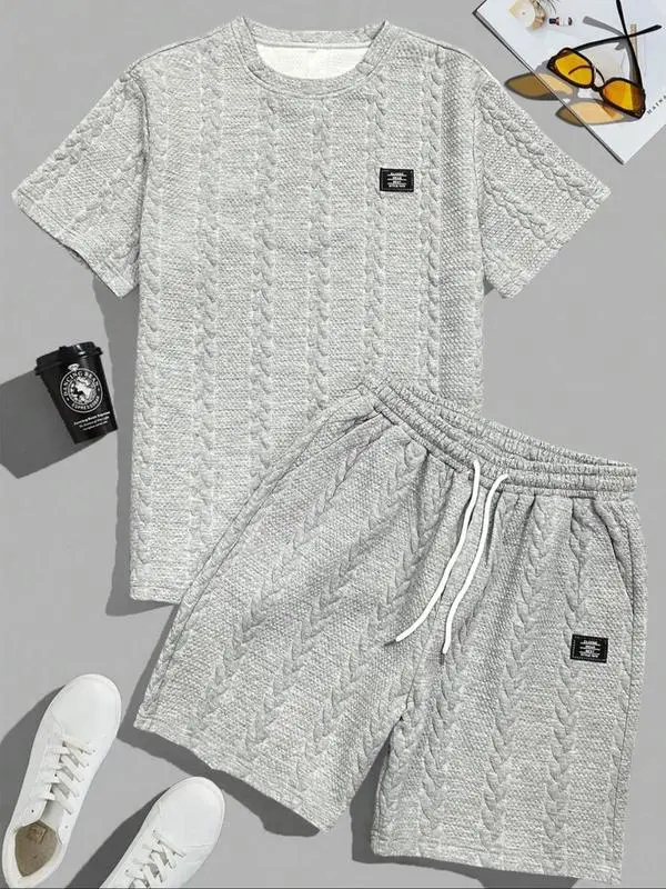 Men's Knit Casual Textured Patch Tee & Drawstring Shorts Set