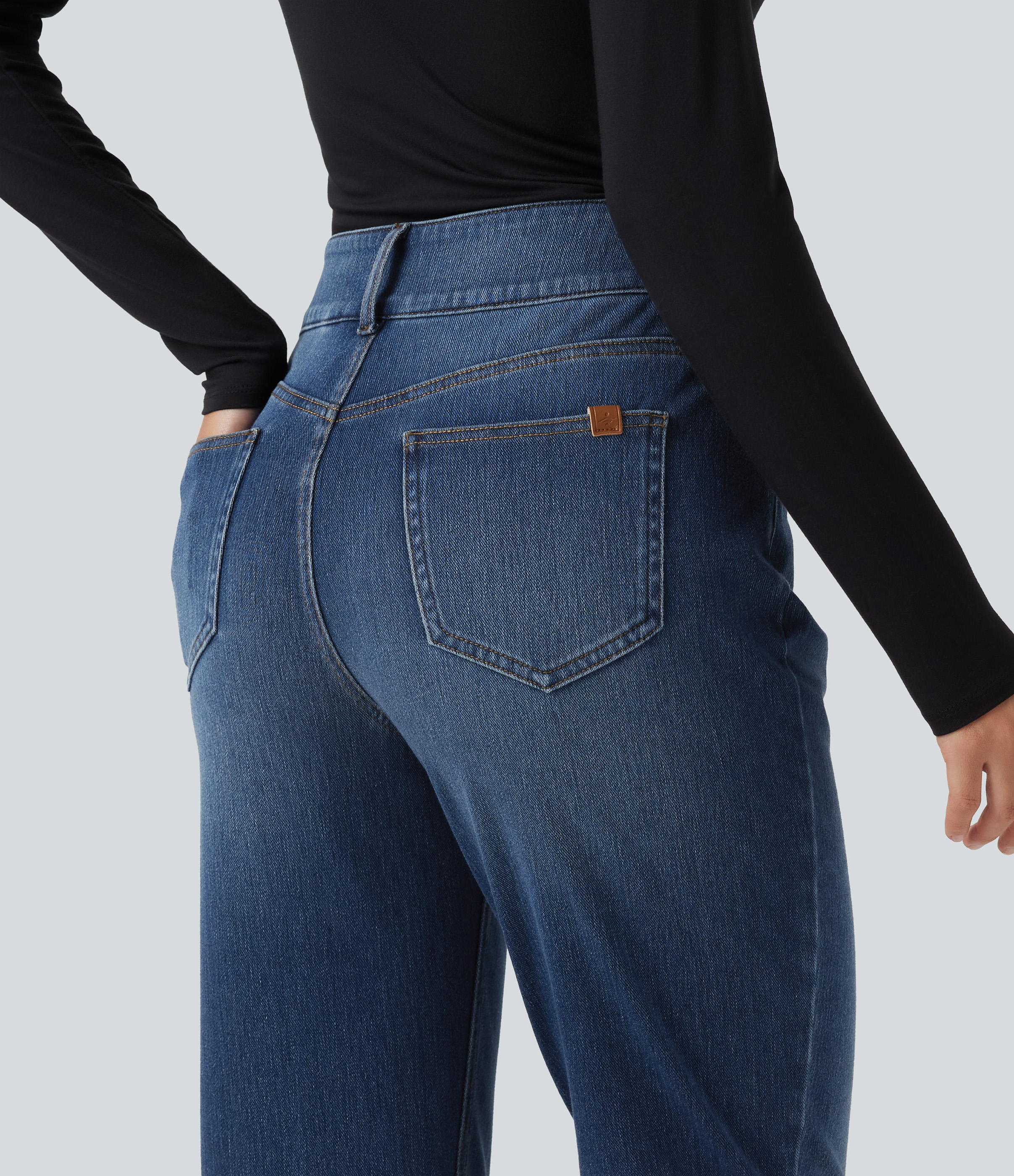 Halara Flex™ Mid Rise Straight Leg Casual Cotton Jeans with Pockets
