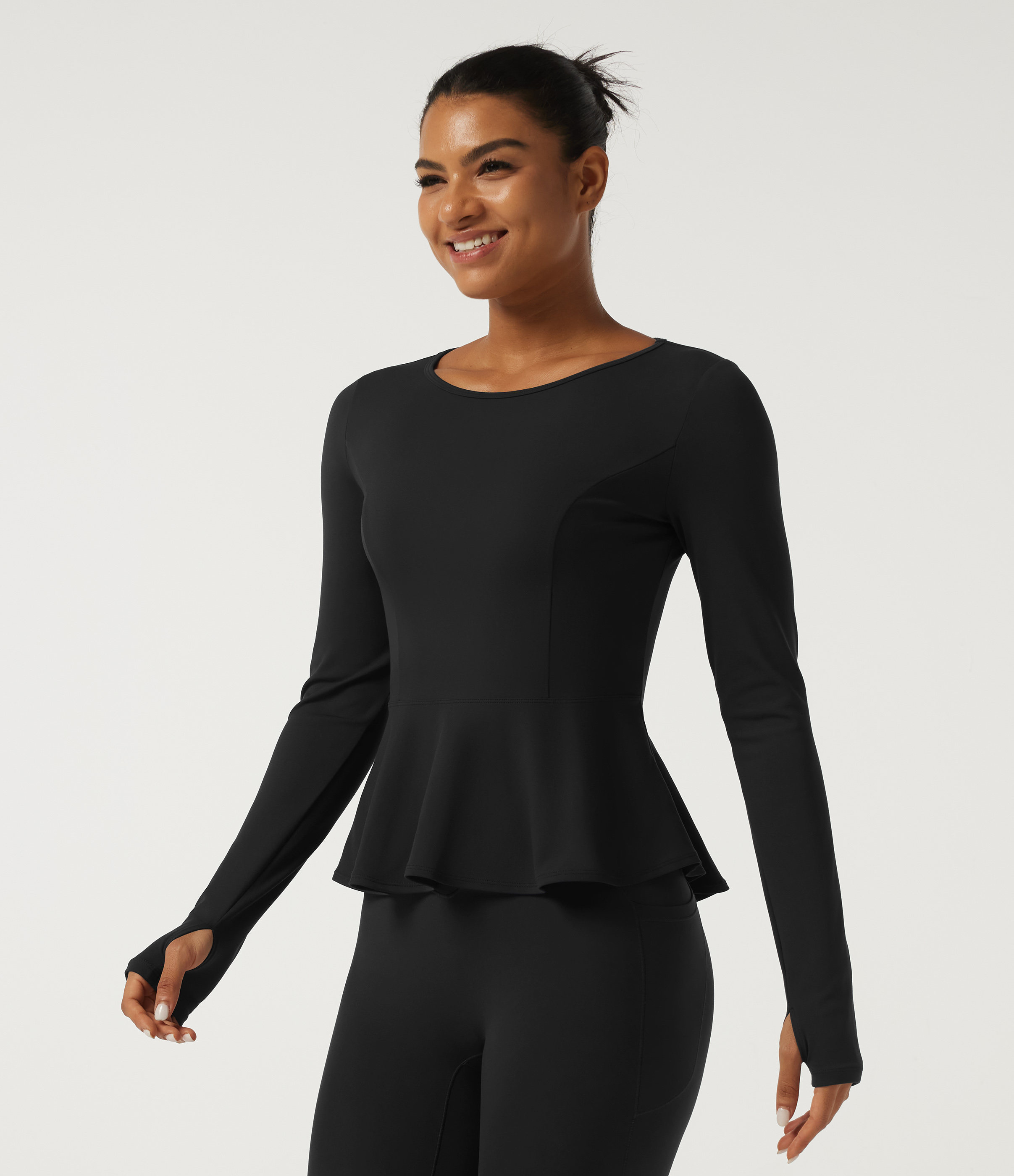Round Neck Long Sleeve Ruffle Hem Yoga Sports Top with Thumbholes