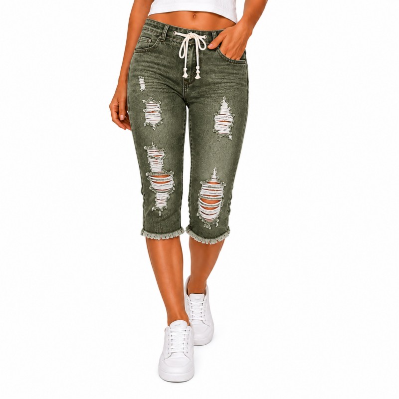 Fashion Distressed Ripped Capri Jeans Plus Size Casual High-Waisted Drawstring Waist Denim Cropped Pants + Lace cutout top