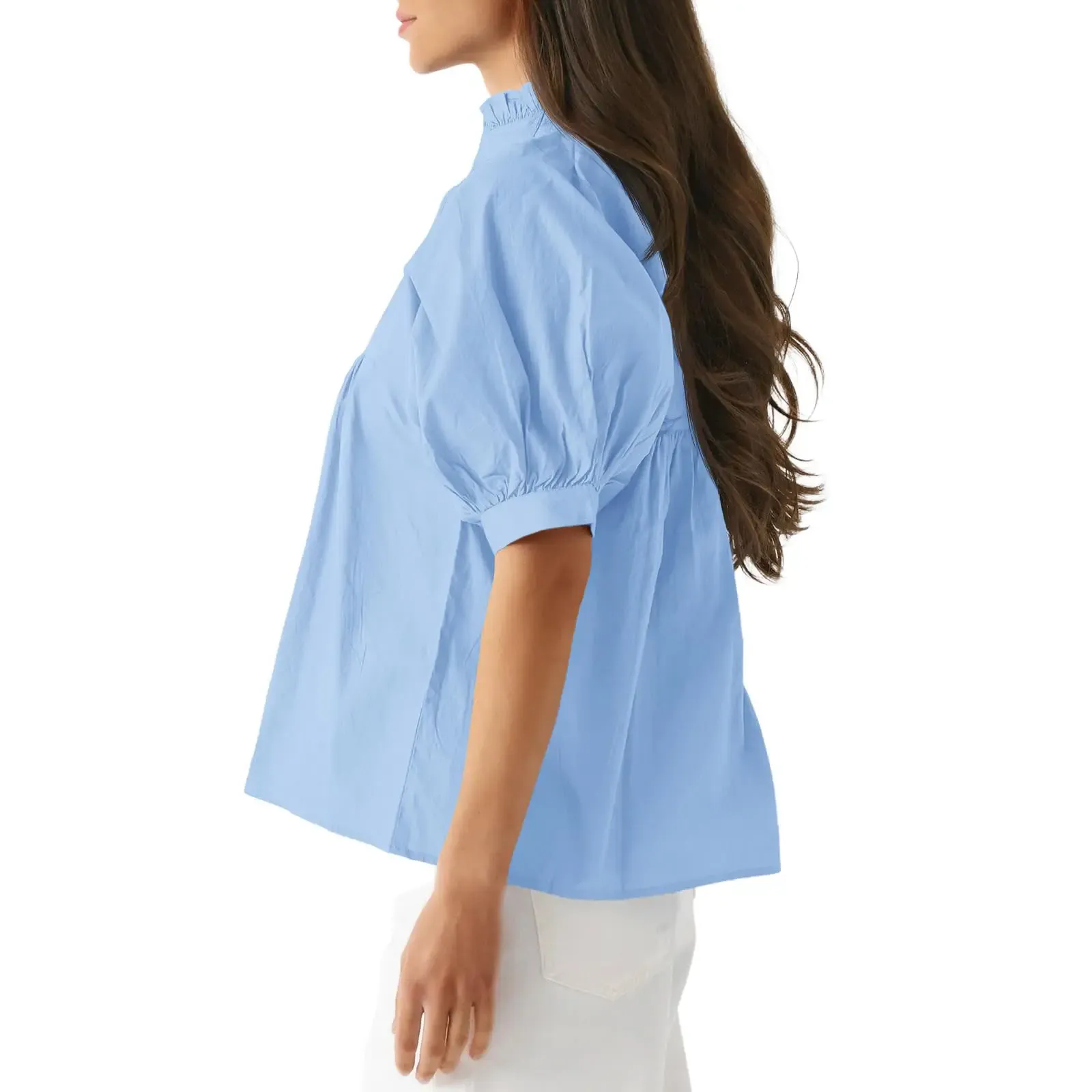 Womens V Neck Puff Sleeve Blouse Babydoll Peplum Tops Dressy Casual Pleated Loose Fit Shirts