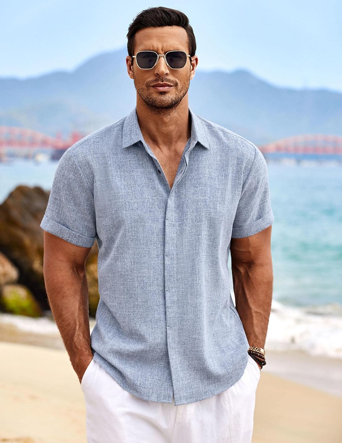 Men's Linen Shirts Short Sleeve Casual Shirts Button Down Shirt for Men Beach Summer Wedding Shirt