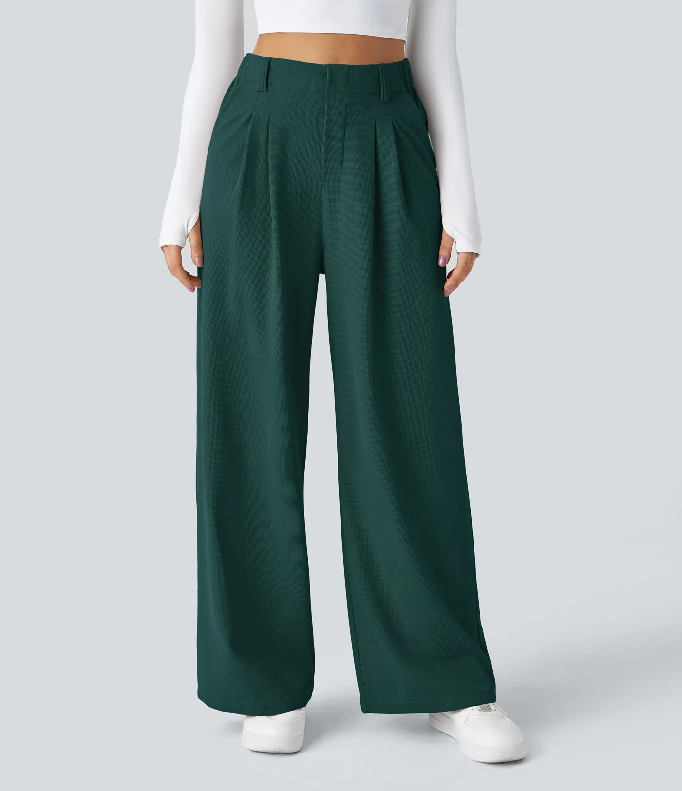 High Waisted Side Pocket Wide Leg Waffle Work Pants