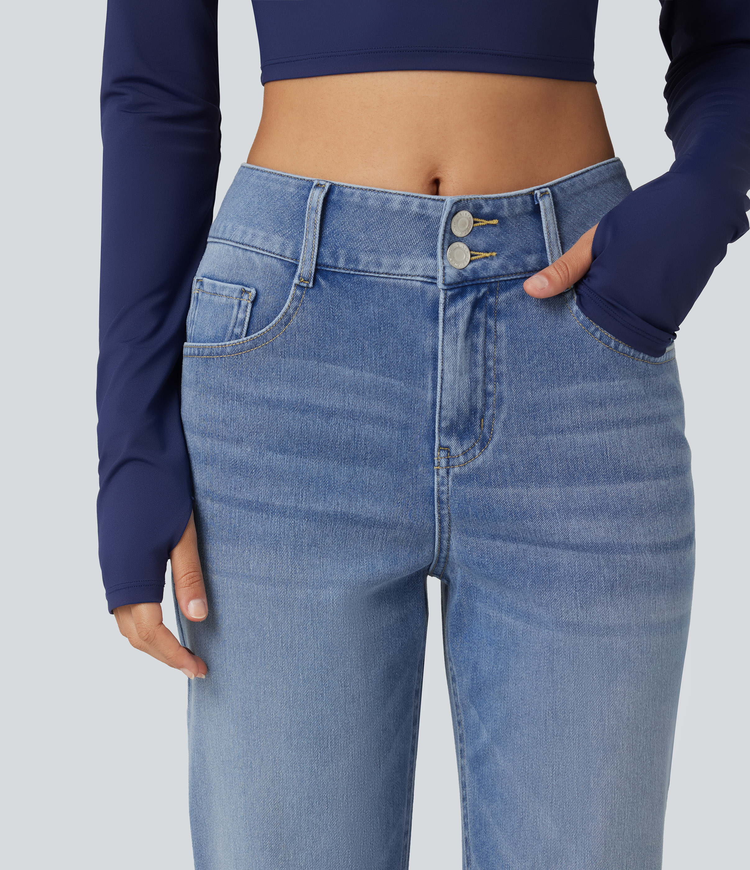 Halara Flex™ Mid Rise Straight Leg Casual Cotton Jeans with Pockets