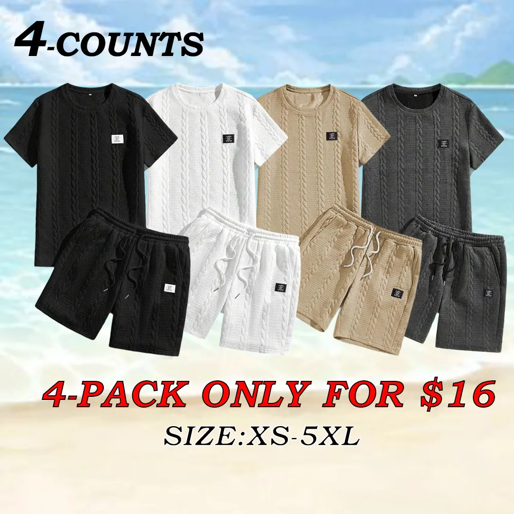 Men's Knit Casual Textured Patch Tee & Drawstring Shorts Set