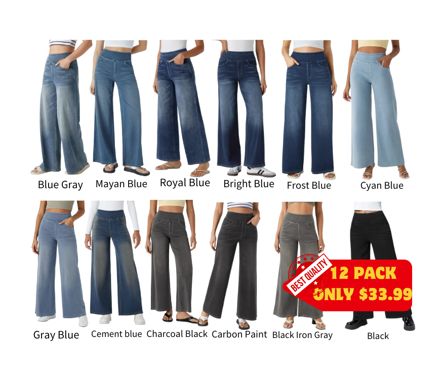 💝Last Day Promotion⚡High Waisted Multiple Pockets Baggy Wide Leg Washed Stretchy Knit Casual Jeans