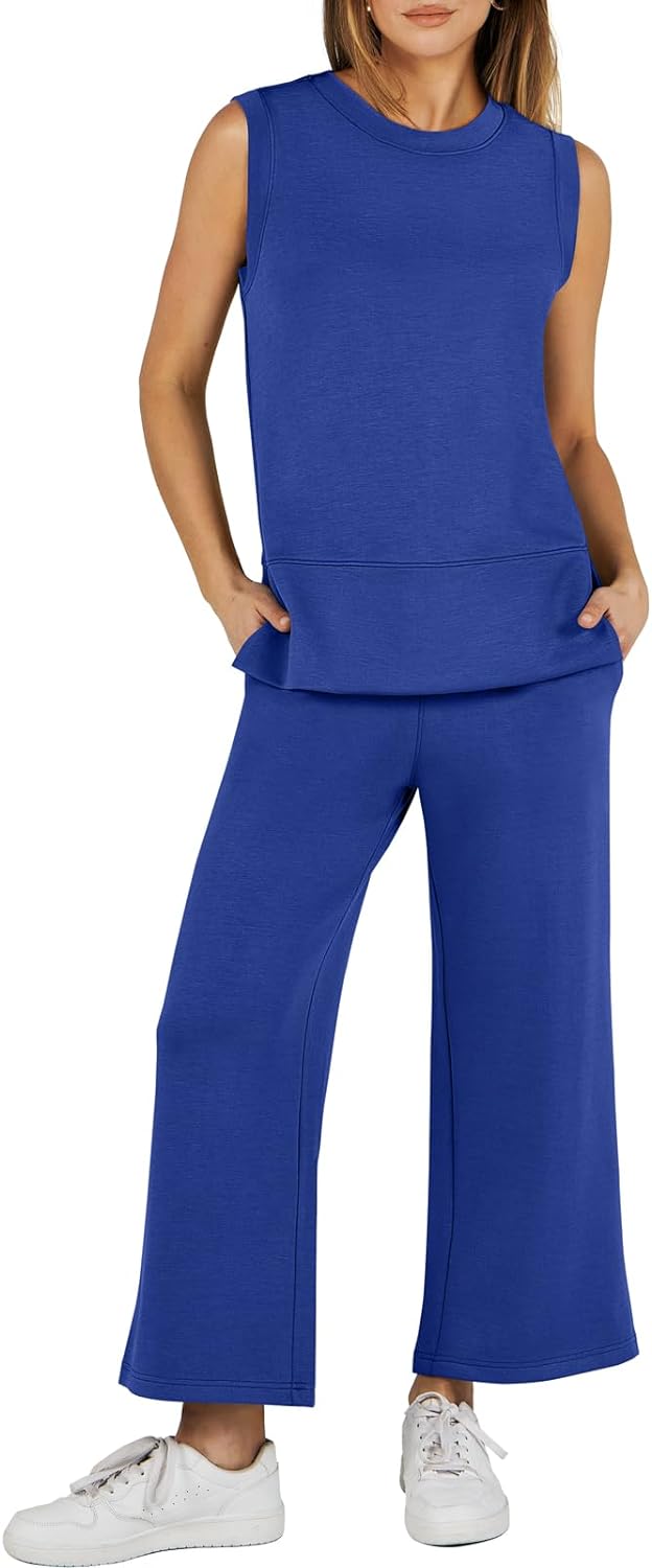 Women's 2 Piece Sets Summer Outfits Sleeveless Wide Leg Tracksuits Casual Sweat Sets Lounge Sweatsuits