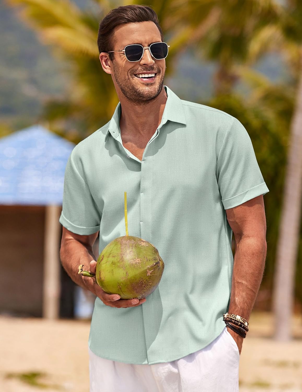 Men's Linen Shirts Short Sleeve Casual Shirts Button Down Shirt for Men Beach Summer Wedding Shirt