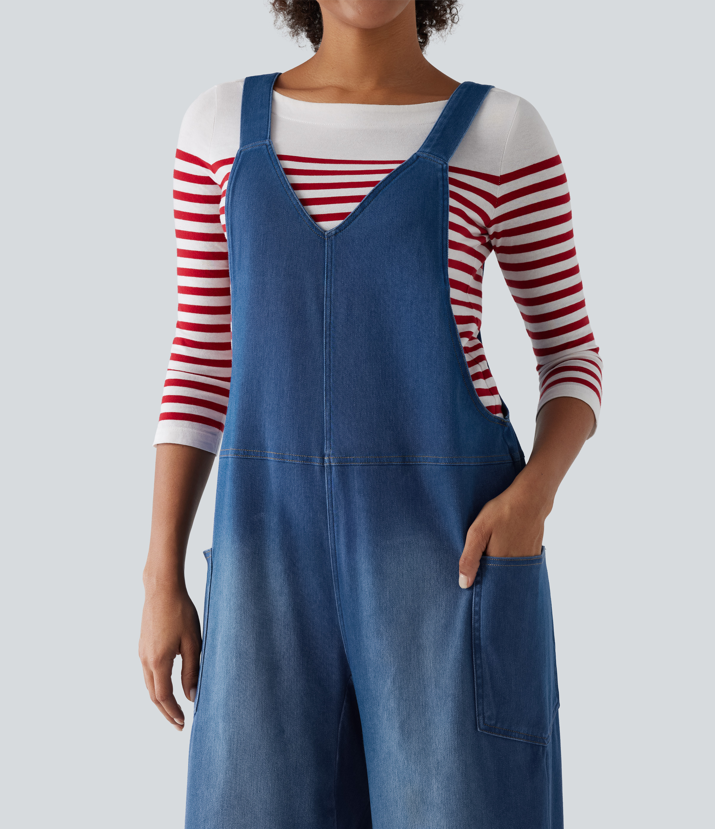 Halara Flex™ V Neck Wide Leg Denim Casual Overalls with Pockets