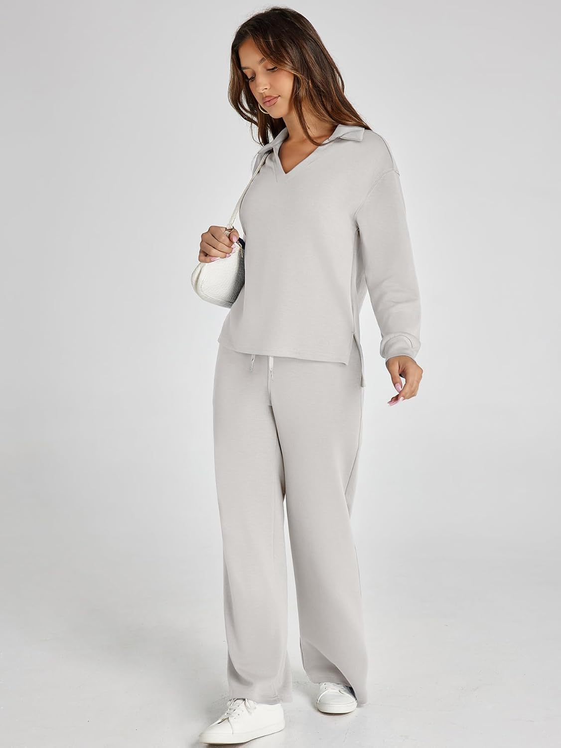 Women's 2 Piece Sets Outfits Casual Long Sleeve Sweatsuits Polo Top and Wide Leg Pants Matching Sets